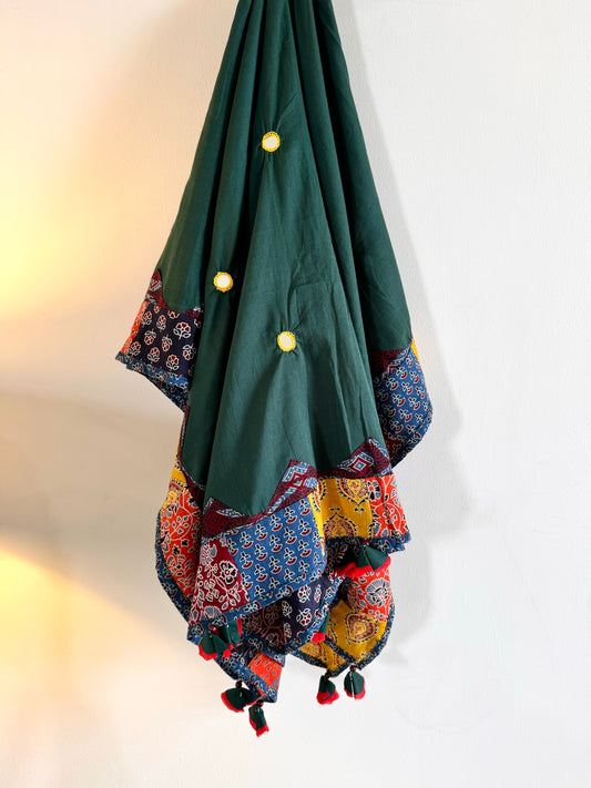 Ajrakh Applique & Kantha Embroidered Dupatta ~ Basil Green