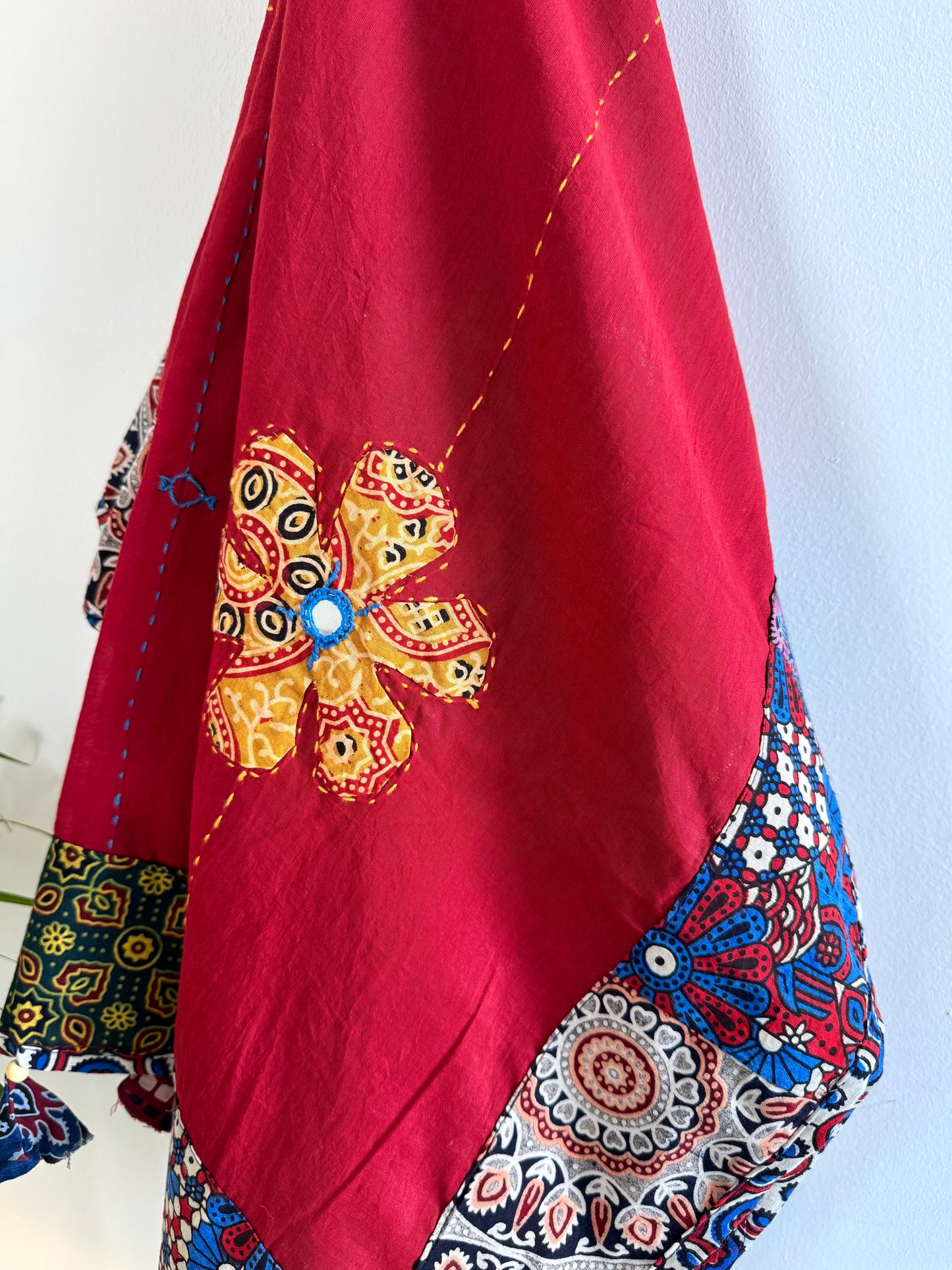 𓂃ོ⋆☀︎𓂃ᨒོ Ajrakh, Applique & Kantha Embroidered Dupatta ~ Ruby Red 𑁍ࠬ