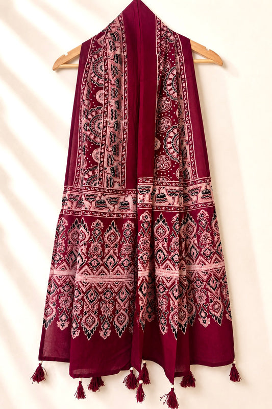 Raahi🌻Ajrakh Cotton Stoles ~ Deep red w/ floral motifs