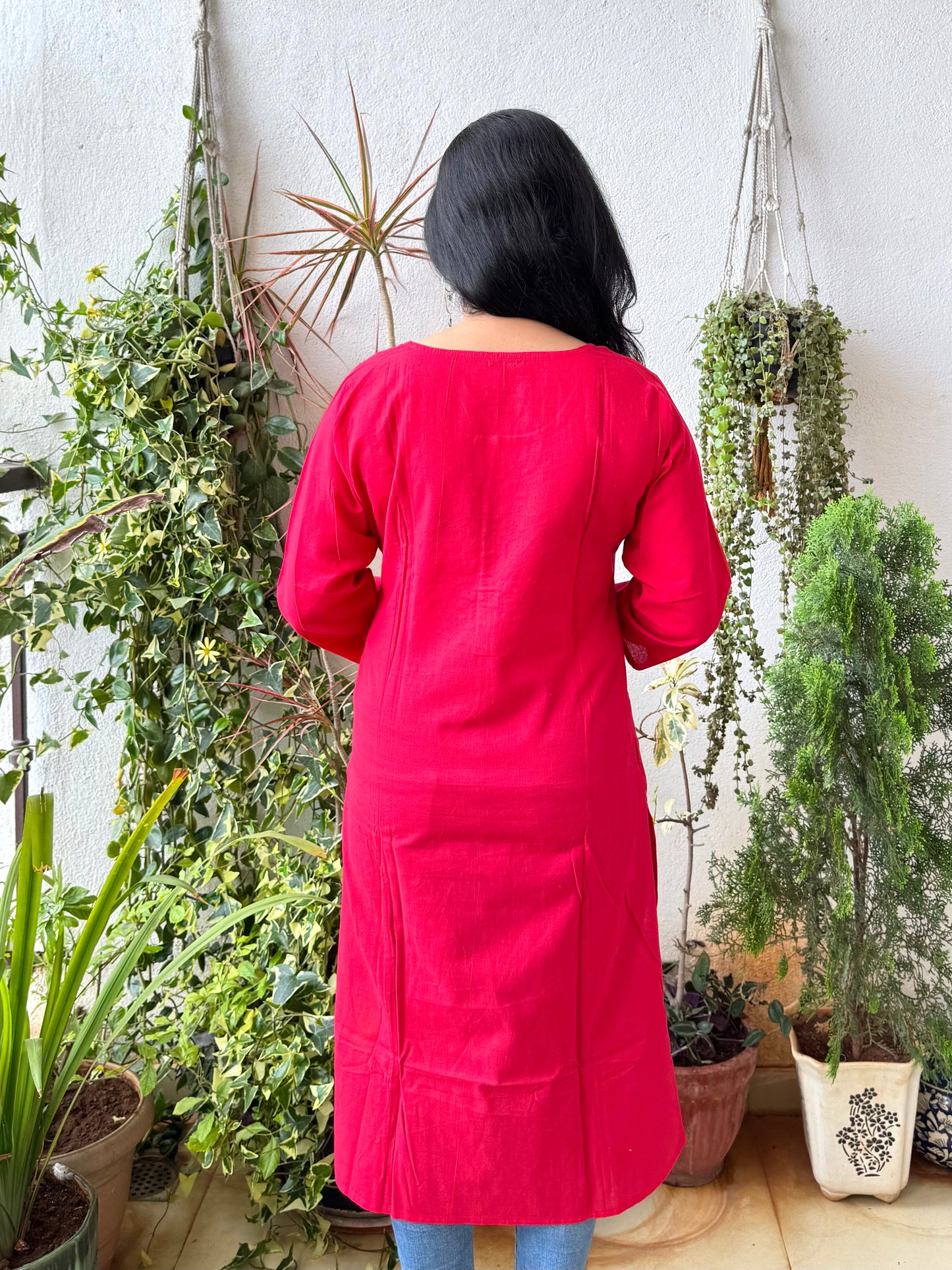 Masakali ~ Cotton Embroidered Kurti, Cherry Red 🍒