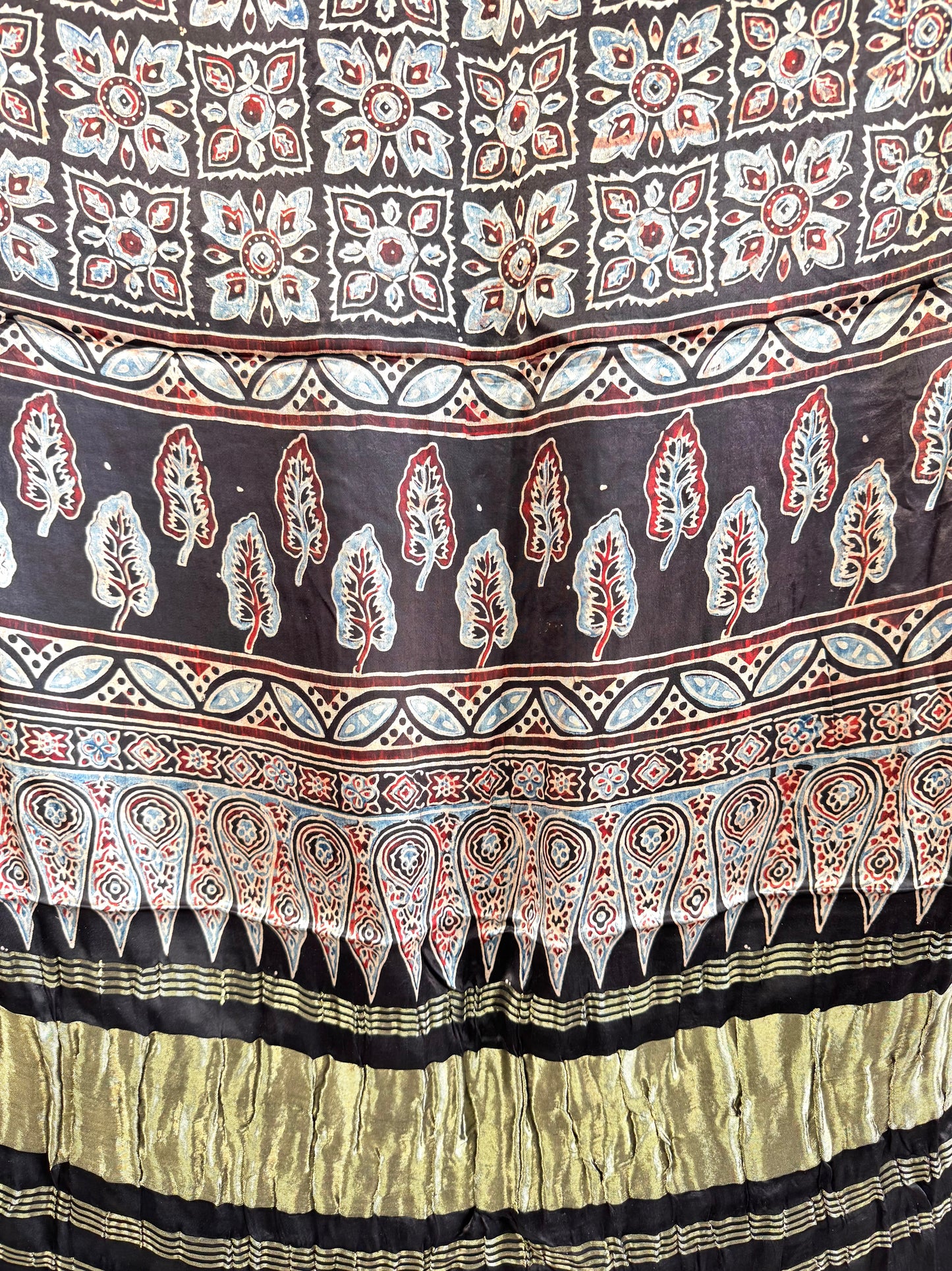 Modal Silk Ajrakh Dupatta ~ Metallic Black Square Motif w/ Zari