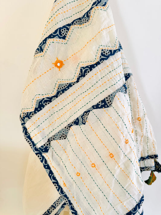 Ajrakh Applique & Kantha Embroidered Dupatta ~ White with Orange Mirrors