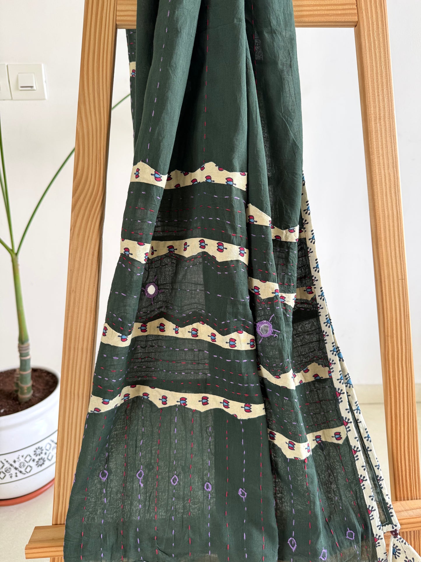 Ajrakh Applique & Kantha Embroidered Dupatta ~ Olive Green & Cream