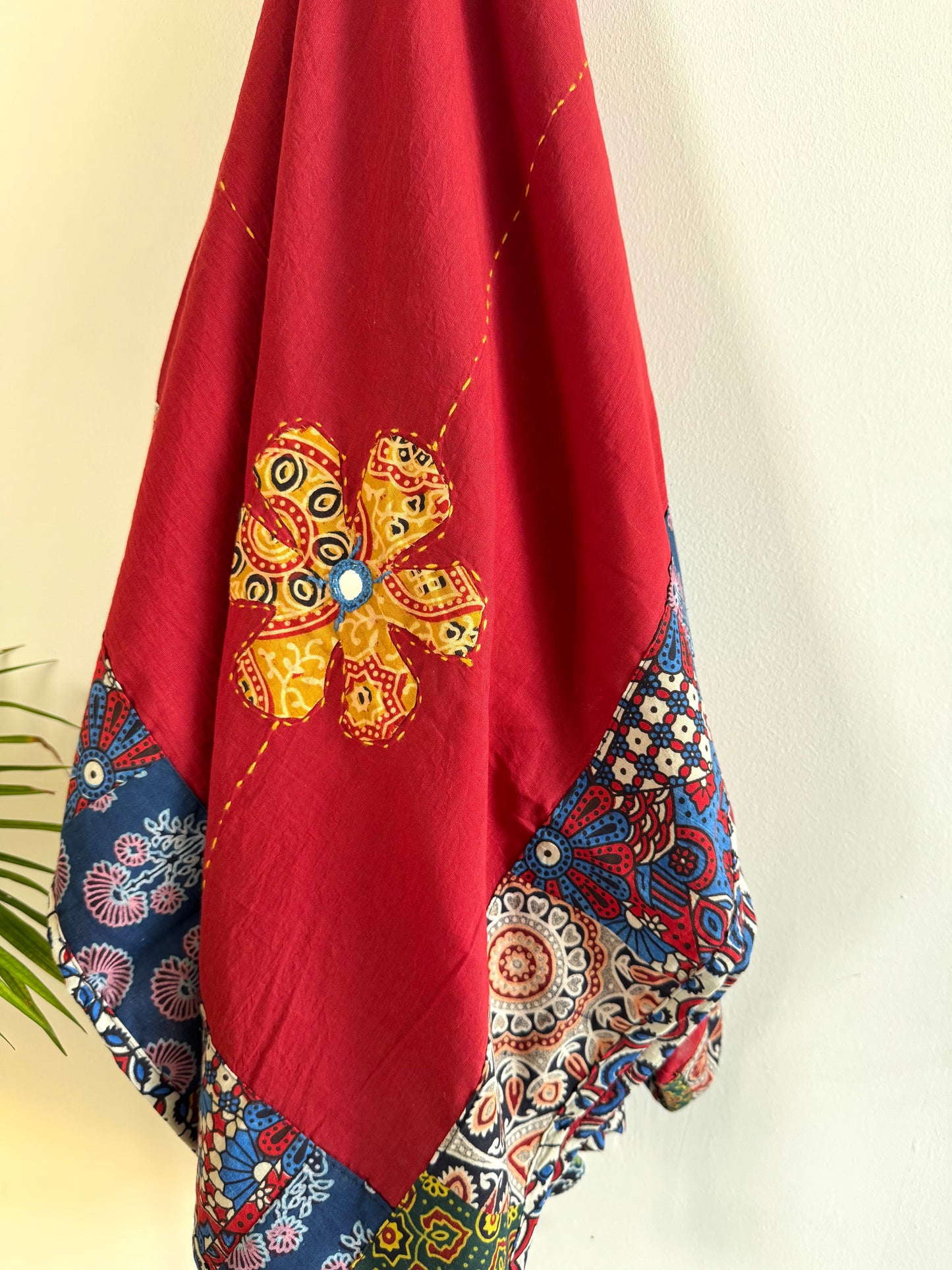𓂃ོ⋆☀︎𓂃ᨒོ Ajrakh, Applique & Kantha Embroidered Dupatta ~ Ruby Red 𑁍ࠬ