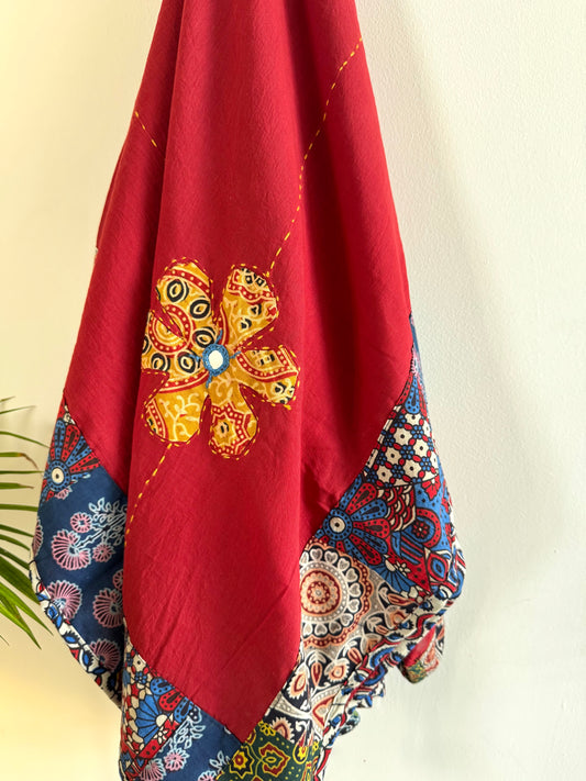 𓂃ོ⋆☀︎𓂃ᨒོ Ajrakh, Applique & Kantha Embroidered Dupatta ~ Ruby Red 𑁍ࠬ