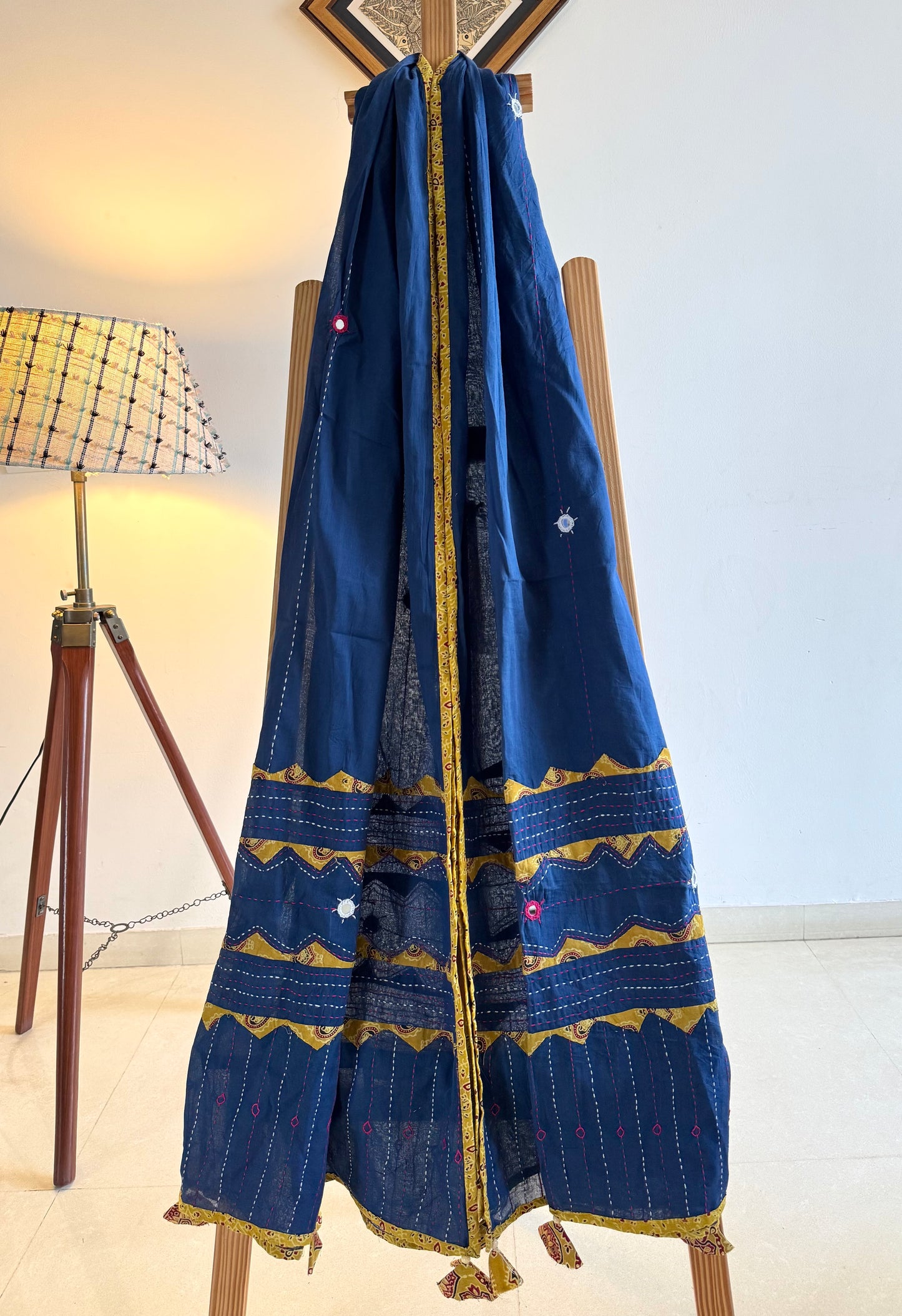 Ajrakh Applique & Kantha Embroidered Dupatta ~ Navy Blue with Yellow Kantha Work