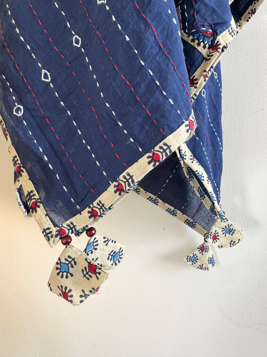 Ajrakh Applique & Kantha Embroidered Dupatta ~ Navy Blue with Kantha Work