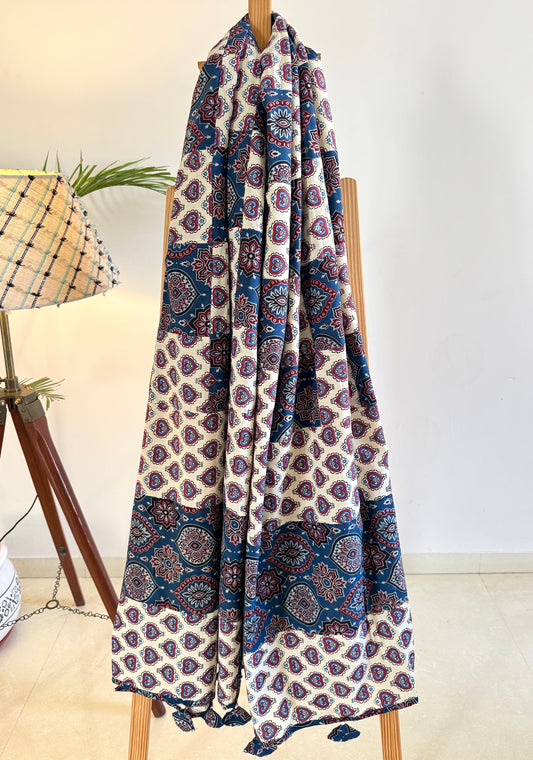 Ajrakh Dupatta ~ Pearl White & Sapphire Blue Chequered