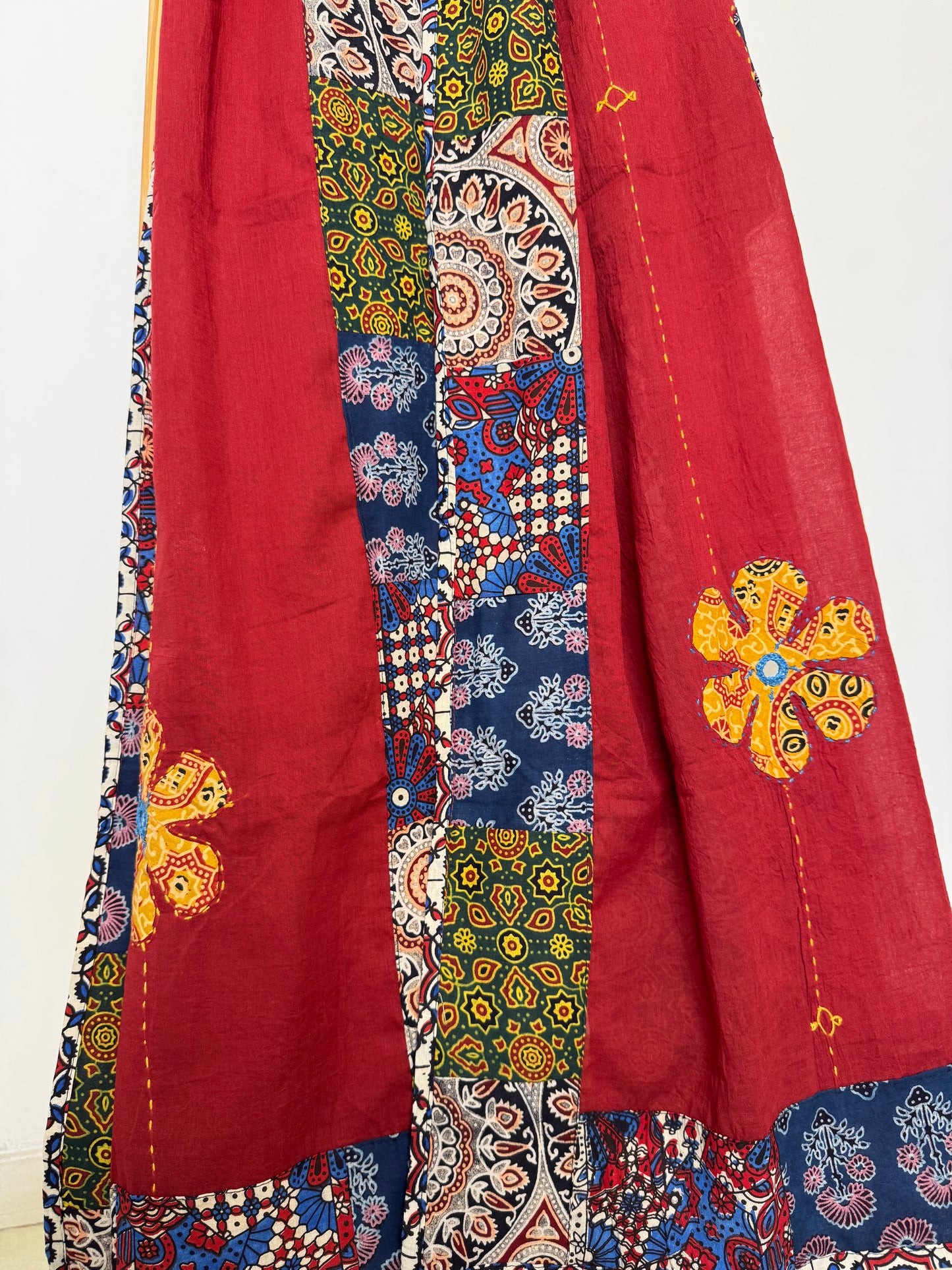 𓂃ོ⋆☀︎𓂃ᨒོ Ajrakh, Applique & Kantha Embroidered Dupatta ~ Ruby Red 𑁍ࠬ