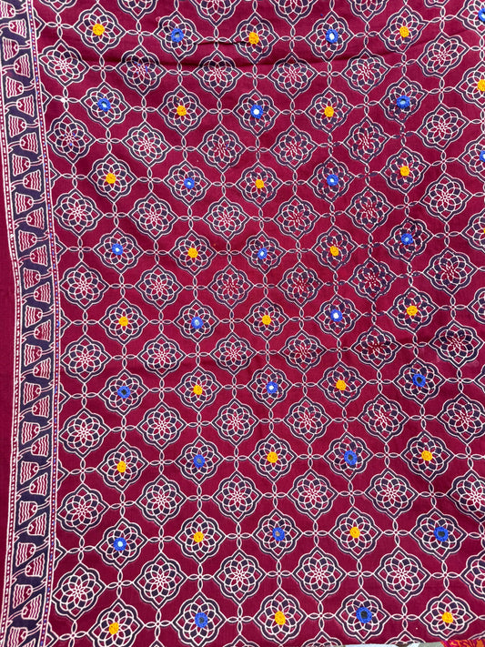 Rangrez🔅Ajrakh Mulmul Cotton Dupattas with Embroidery ~ Cranberry Red