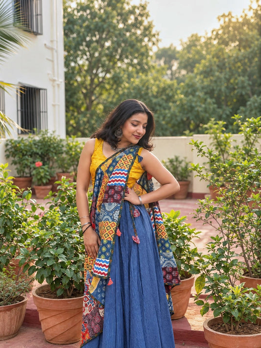 ✨Navrang ~ Ajrakh Long Skirt & Dupatta Set ~ Navy Blue w/ Multicolored Dupatta