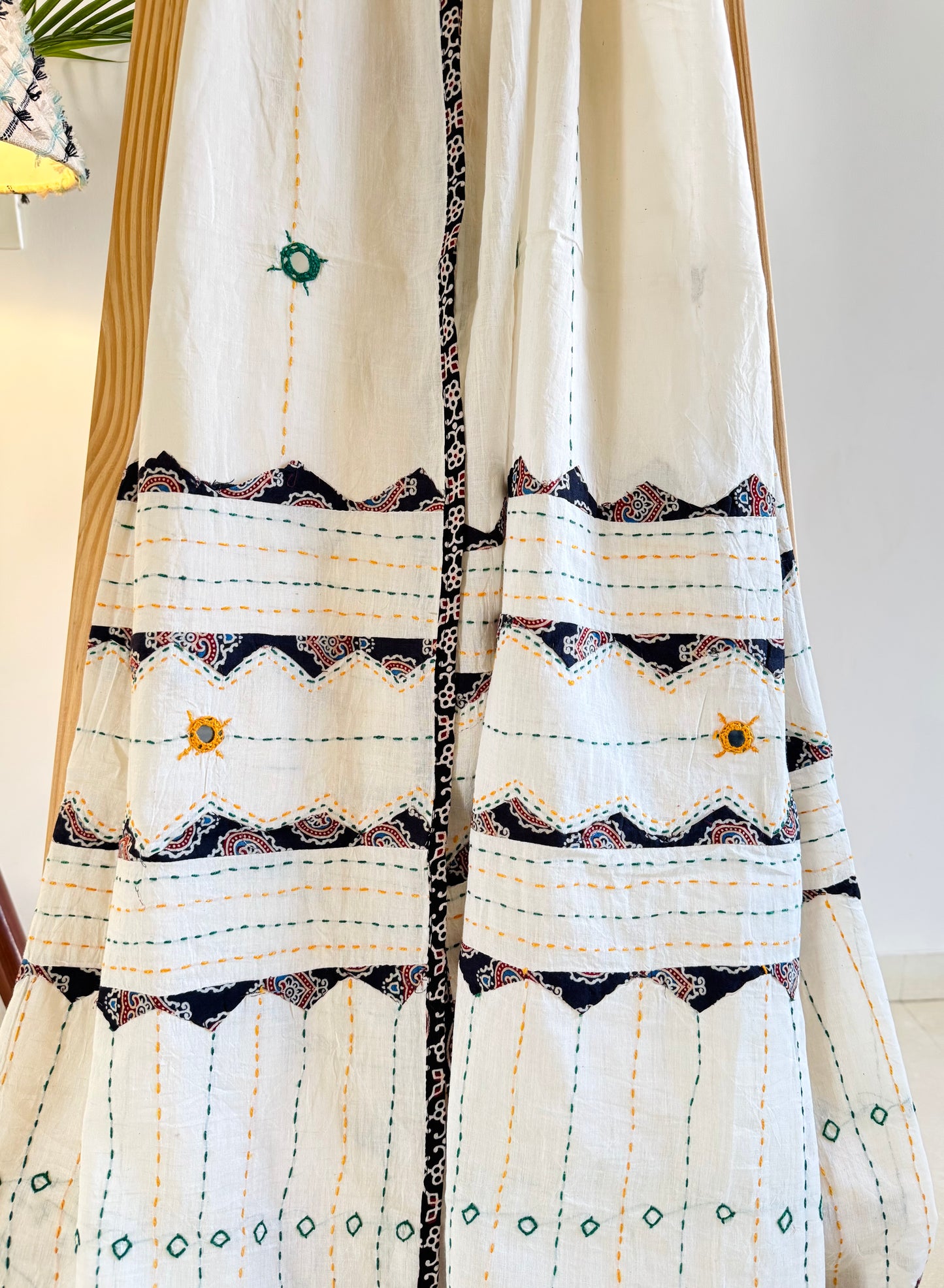 Ajrakh Applique & Kantha Embroidered Dupatta ~ White with Black Patchwork