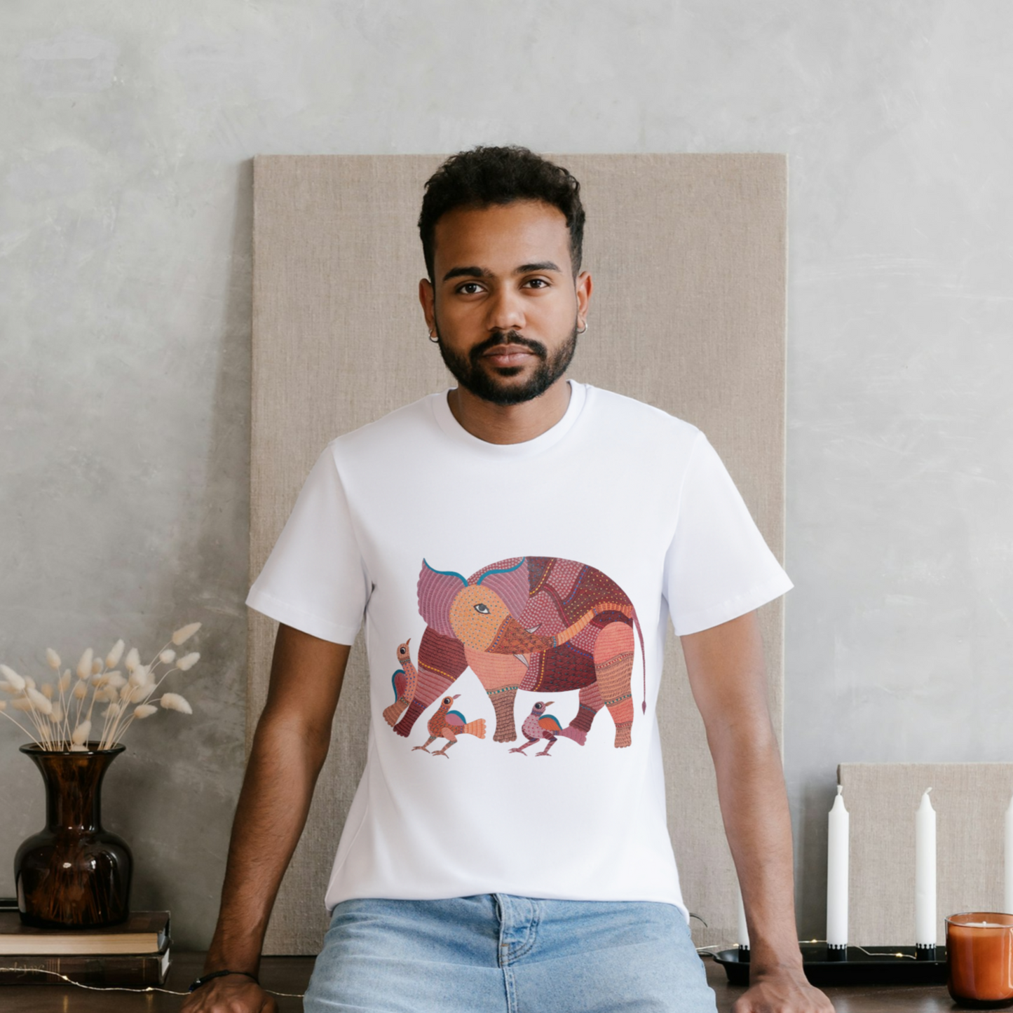 Playful Elephant - Gond Handpainted T-shirt