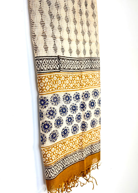 Kota Doria Bagru Handblock Dupatta ~ Beige w/ indigo flowers & zari