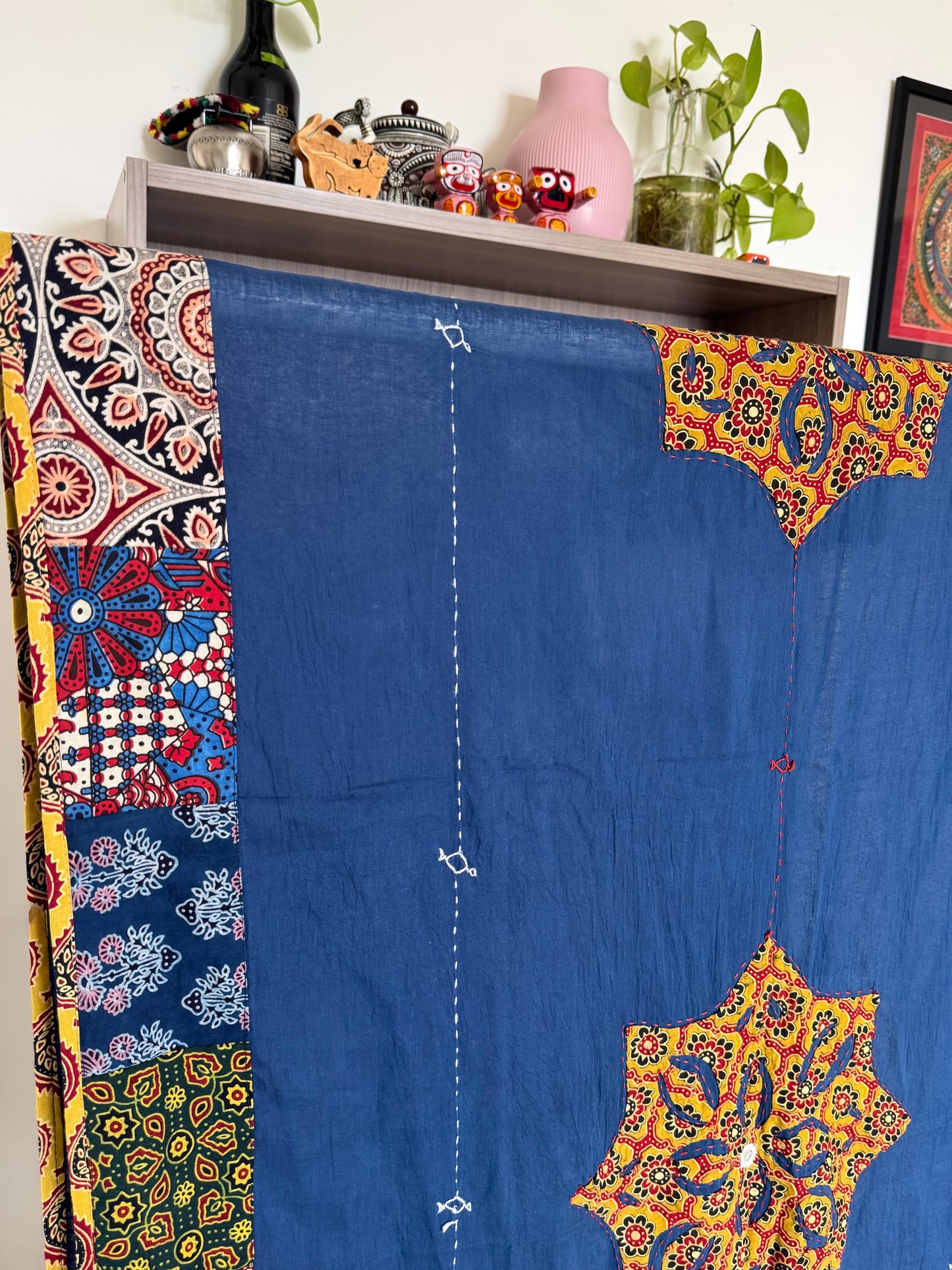 Ajrakh Applique & Kantha Embroidered Dupatta ~ Navy Blue with Mustard Flowers