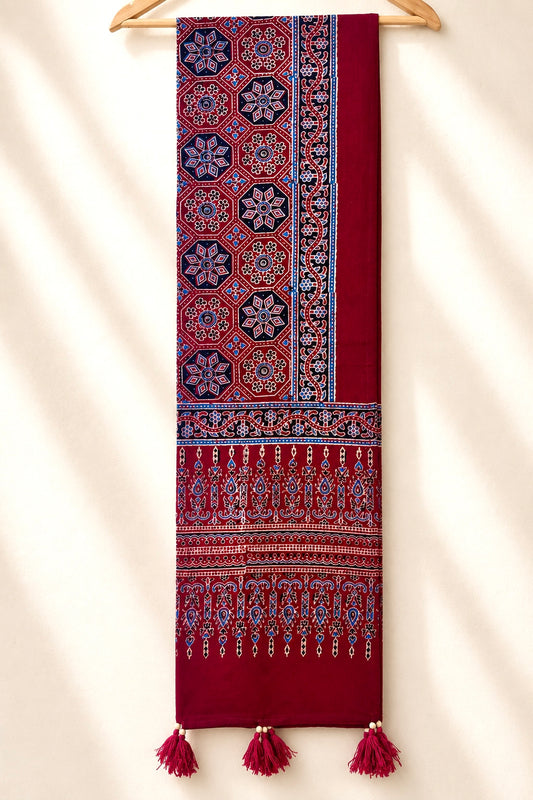 Raahi🌻Ajrakh Cotton Stoles ~ Deep red w/ geometrical motifs