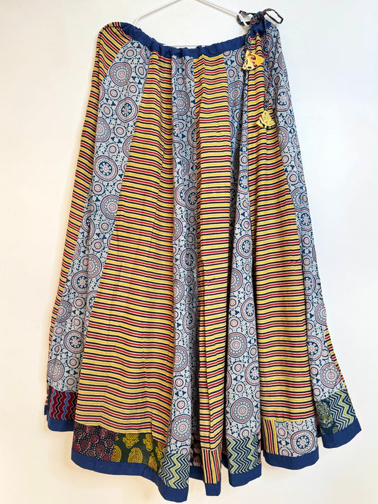 ✨Garba nu Ghoomie ~ Ajrakh Lehenga and Dupatta Set ~ Yellow Strips w/ Navy Blue Dupatta