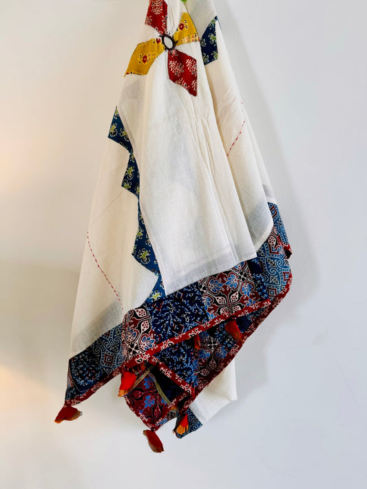 Ajrakh Applique & Kantha Embroidered Dupatta ~ White with Mustard Yellow & Orange Flowers