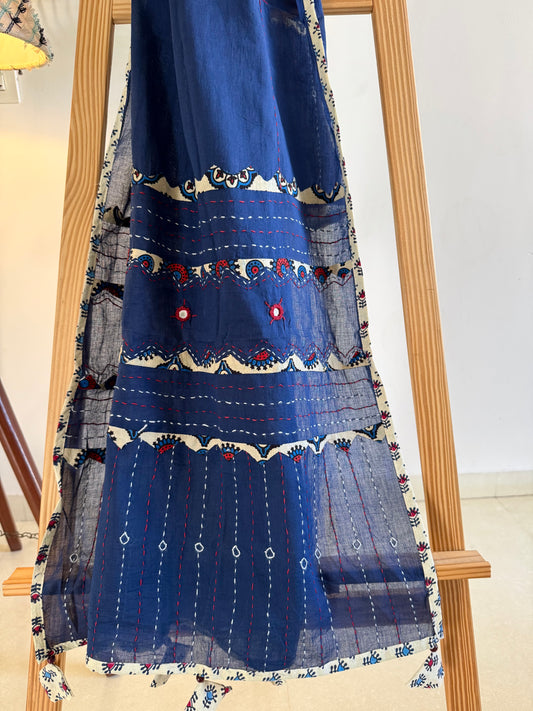 Ajrakh Applique & Kantha Embroidered Dupatta ~ Navy Blue with Kantha Work