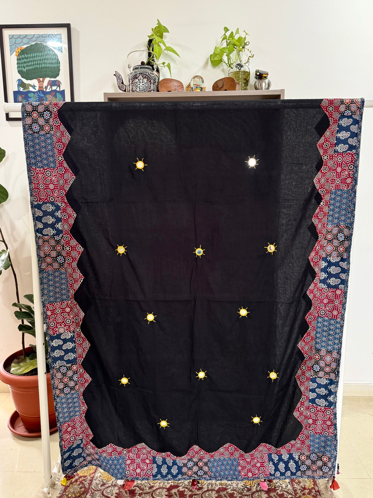 Ajrakh Applique & Kantha Embroidered Dupatta ~ Raven Black & Red