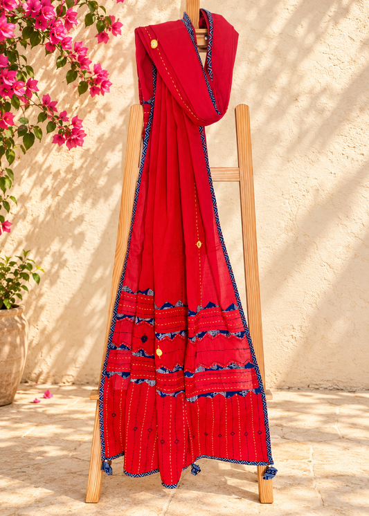 Ajrakh Applique & Kantha Embroidered Dupatta ~ Cherry Red w/ Blue Patchwork