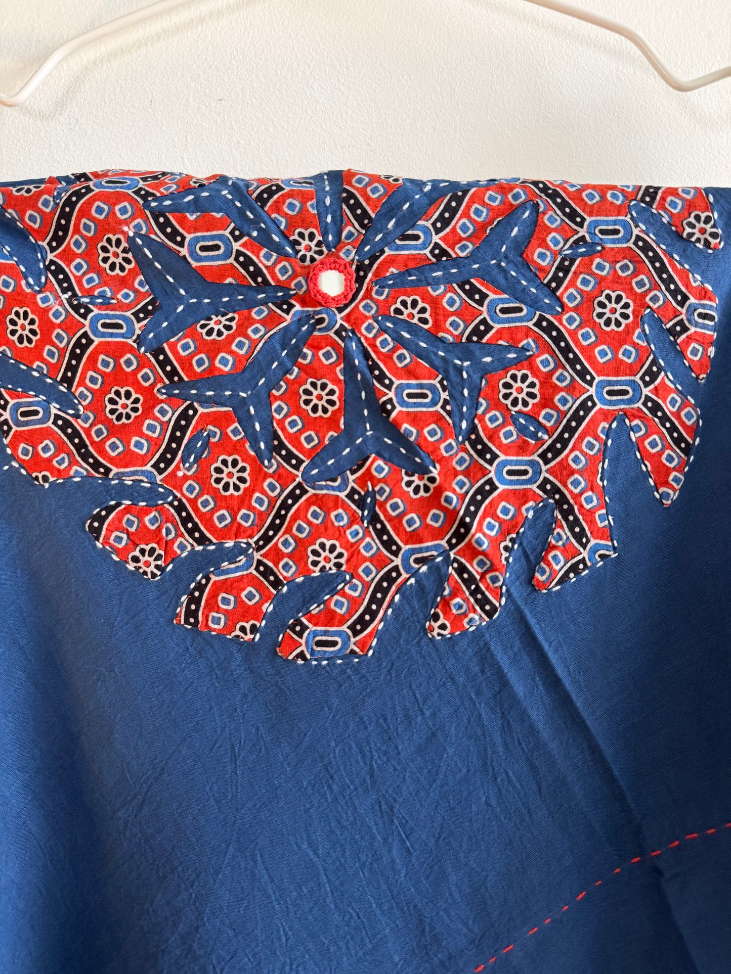 Ajrakh Applique & Kantha Embroidered Dupatta ~ Navy Blue w/ Orange Flowers