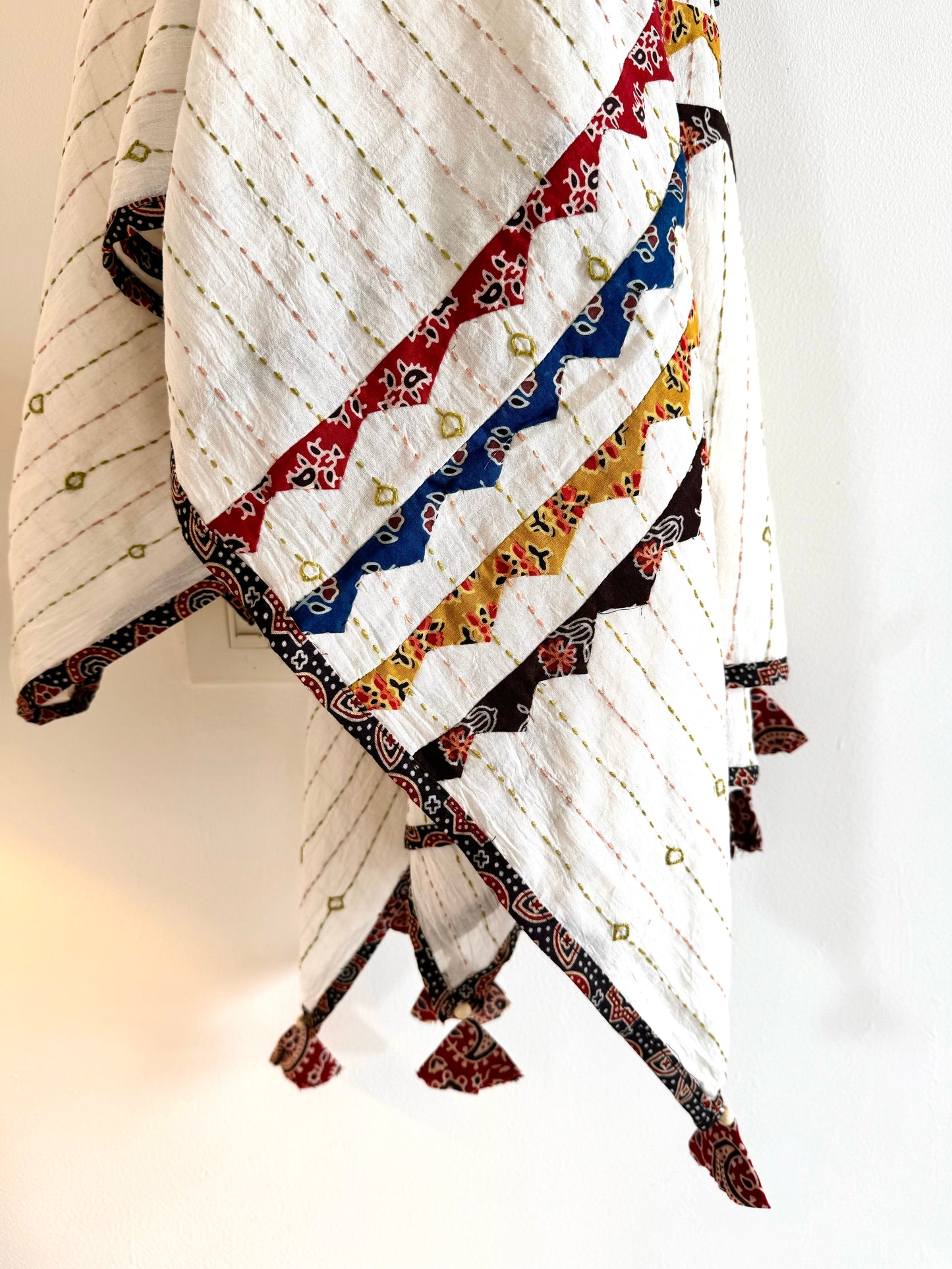 Ajrakh Applique & Kantha Embroidered Dupatta ~ White with Multicolor Patchwork