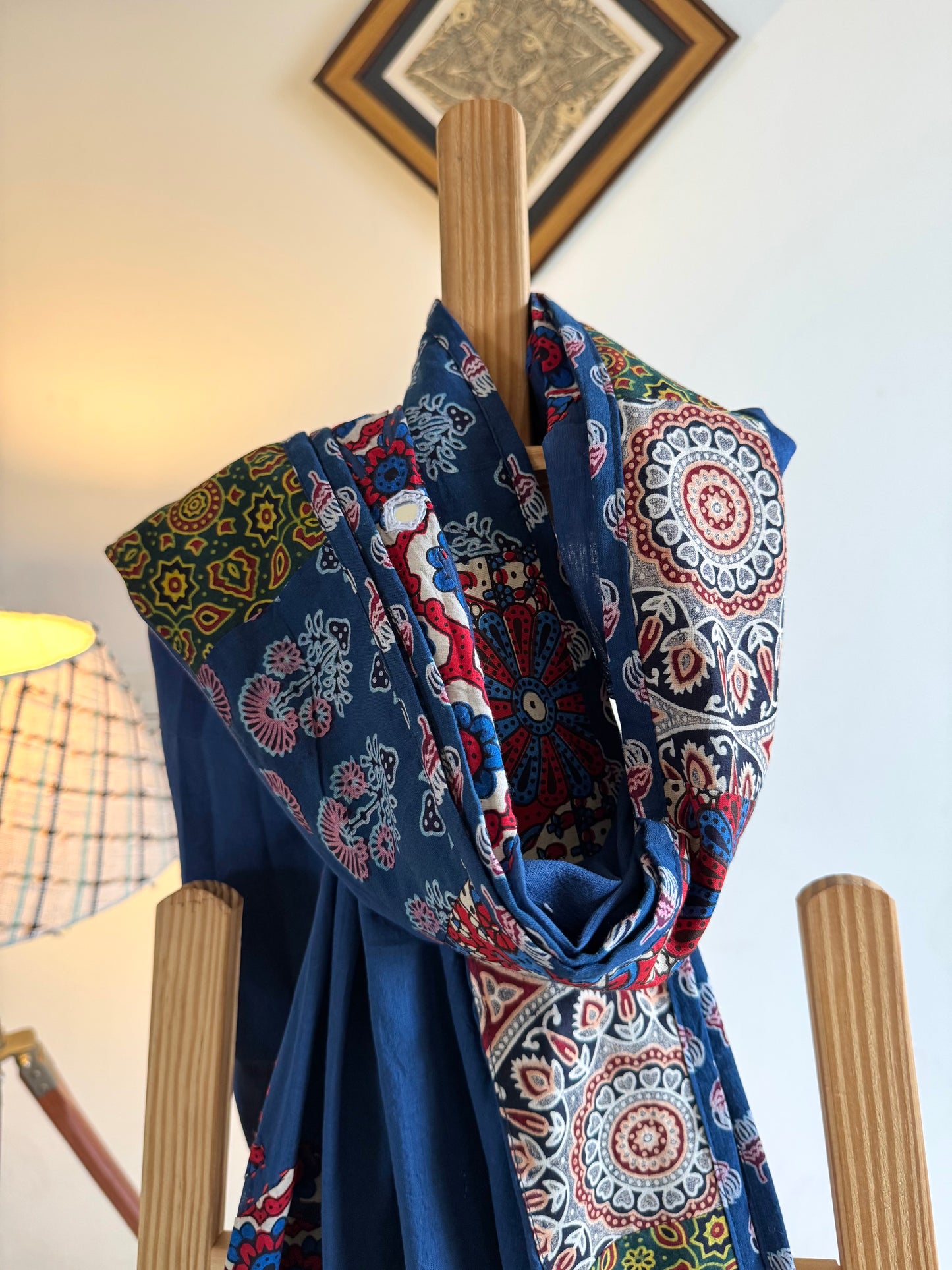 Ajrakh Applique & Kantha Embroidered Dupatta ~ Navy Blue with Multicolor Flowers