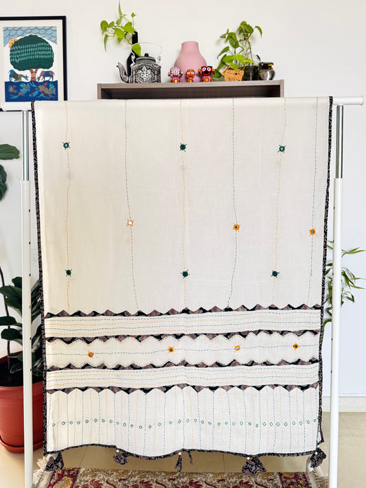 Ajrakh Applique & Kantha Embroidered Dupatta ~ White with Black Patchwork