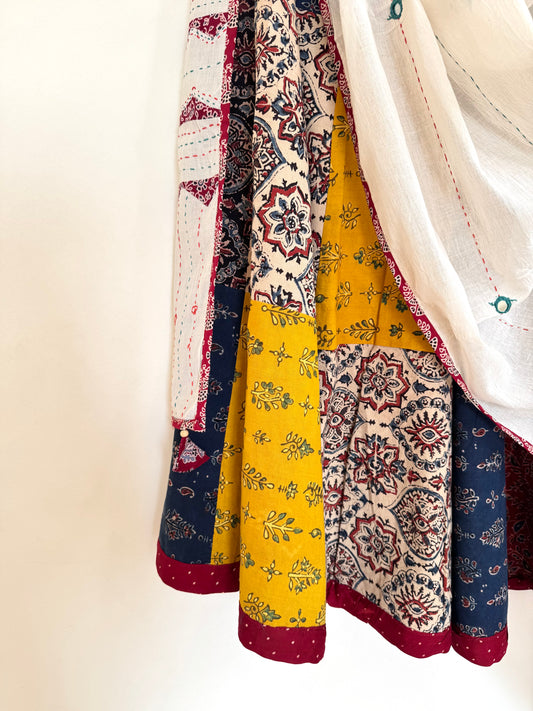 ✨Navrang ~ Ajrakh Lehenga and Dupatta Set ~ Multicolored w/ Red polka border