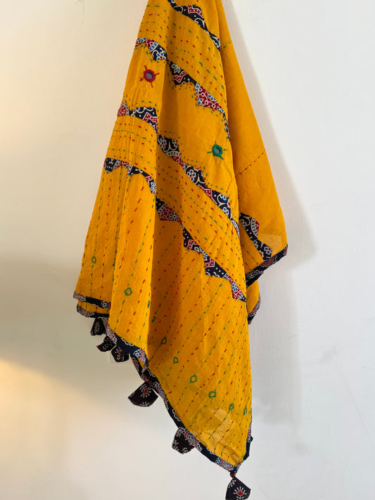 Ajrakh Applique & Kantha Embroidered Dupatta ~ Mustard Yellow with dotted lines