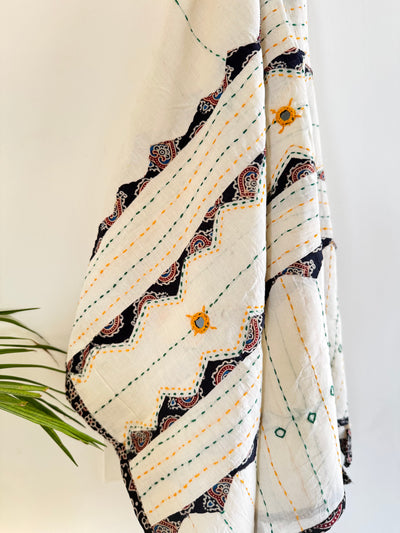 Ajrakh Applique & Kantha Embroidered Dupatta ~ White with Black Patchwork