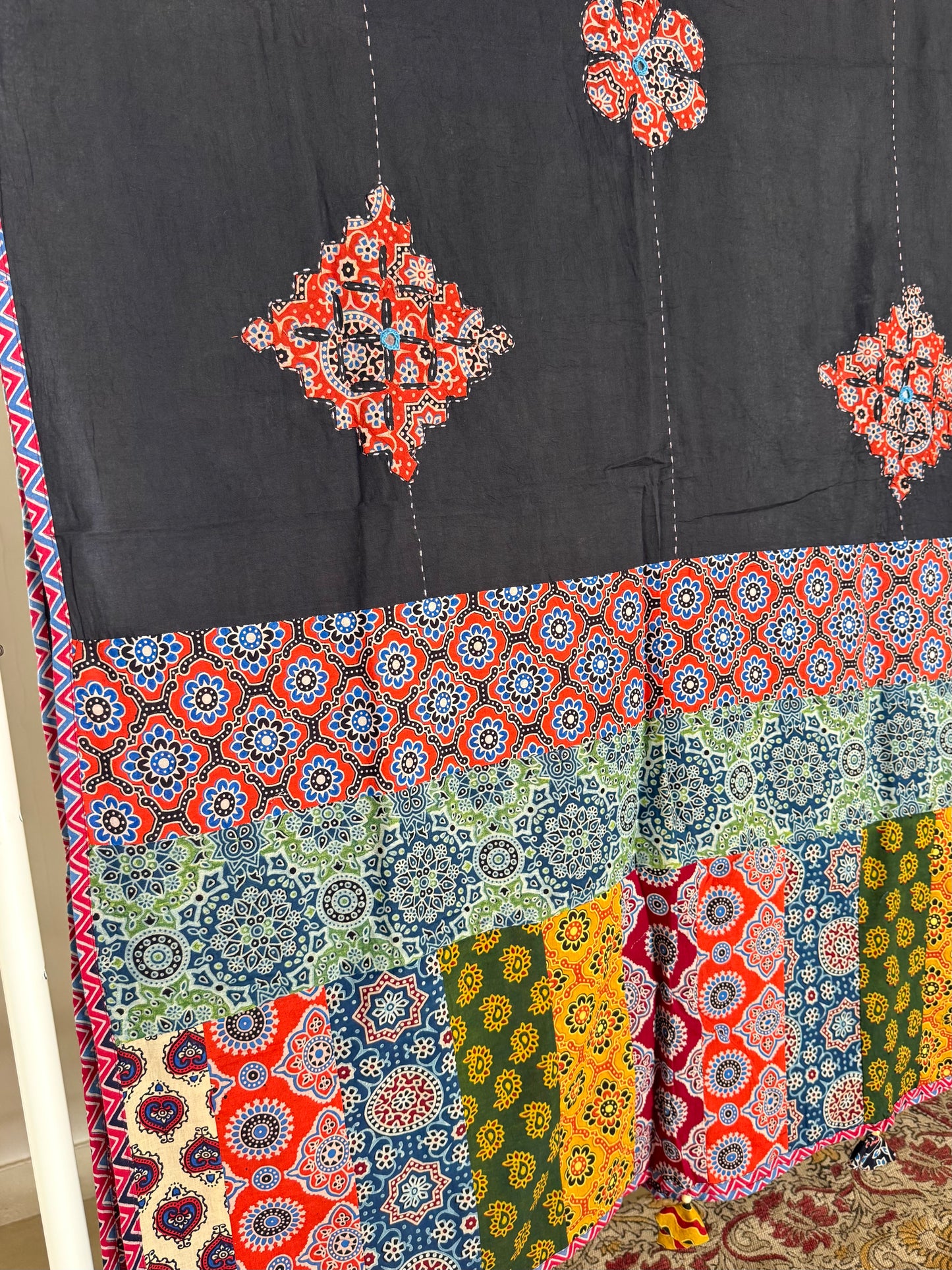 𓂃ོ⋆☀︎𓂃ᨒོ Ajrakh, Applique & Kantha Embroidered Dupatta ~ Black with Ruby Crystals𑁍ࠬ