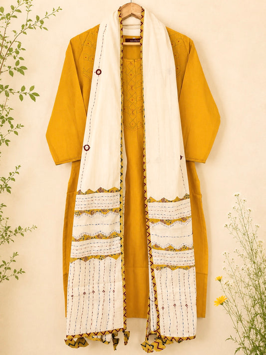 Masakali ~ Yellow Ochre Cotton Embroidered Kurti & Dupatta Set