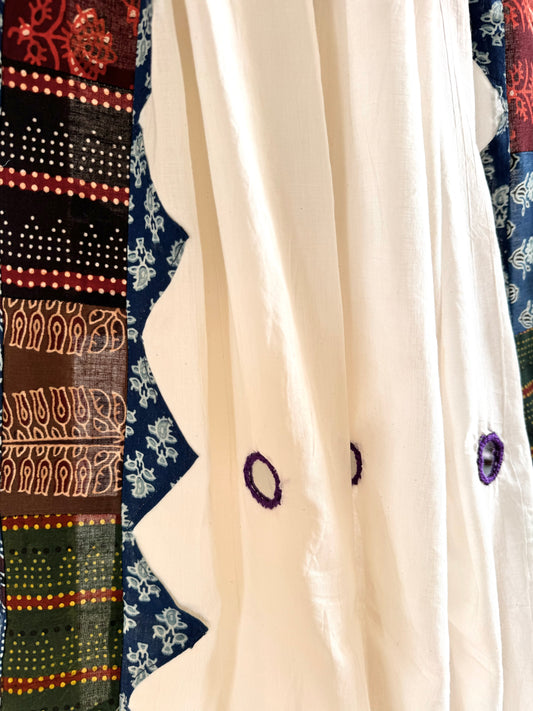 Ajrakh Applique & Kantha Embroidered Dupatta ~ White with Purple Mirrors