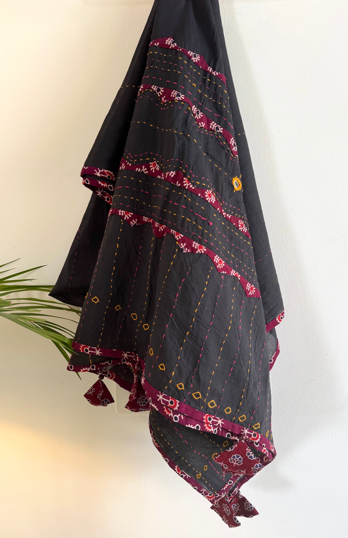 Ajrakh Applique & Kantha Embroidered Dupatta ~ Black & Red