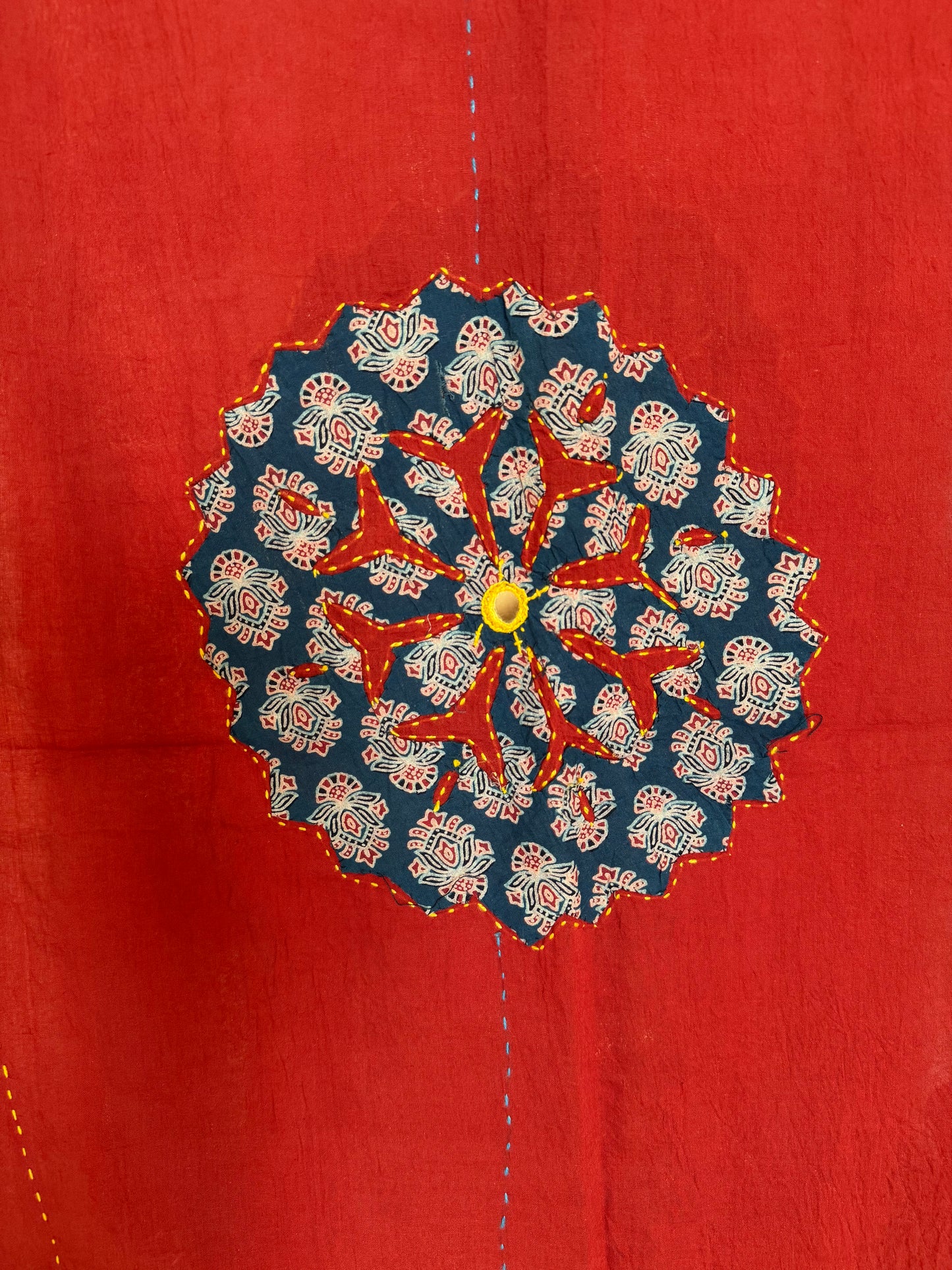 𓂃ོ⋆☀︎𓂃ᨒོ Ajrakh, Applique & Kantha Embroidered Dupatta ~ Ruby Red 𑁍ࠬ