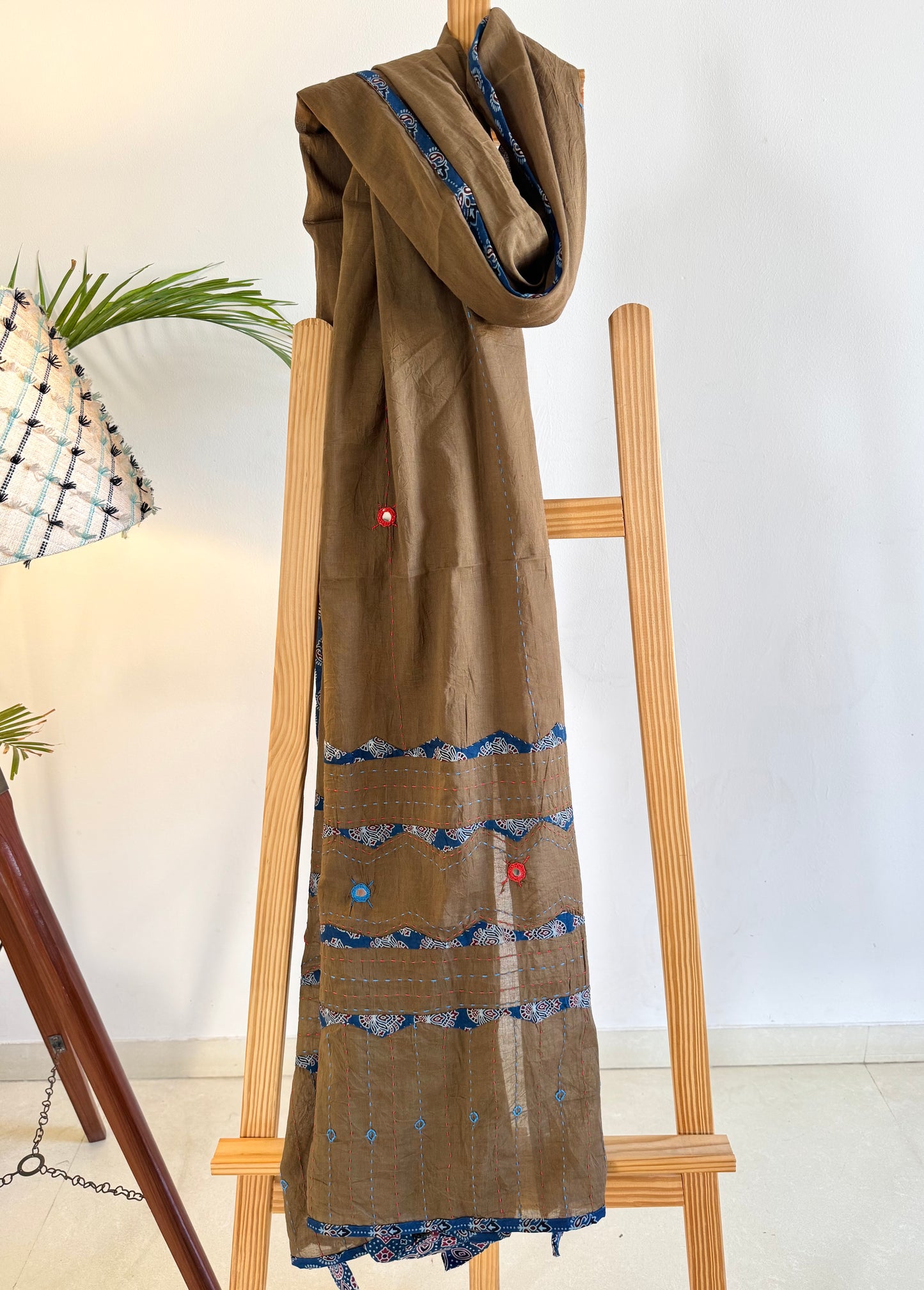 Ajrakh Applique & Kantha Embroidered Dupatta ~ Coco with Blue Patchwork