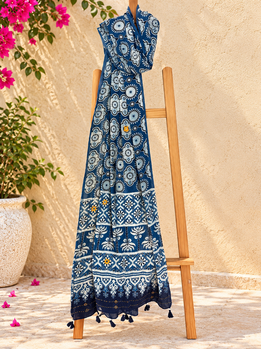 Rangrez🔅Ajrakh Mulmul Cotton Dupattas with Embroidery ~ Neel Bahaar