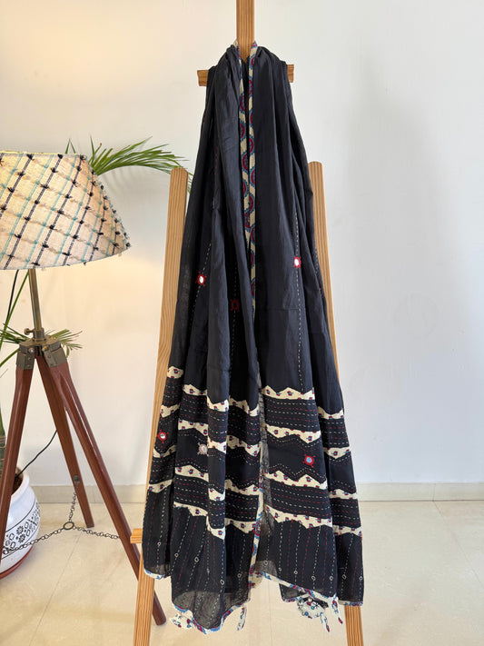 Ajrakh Applique & Kantha Embroidered Dupatta ~ Black & Cream