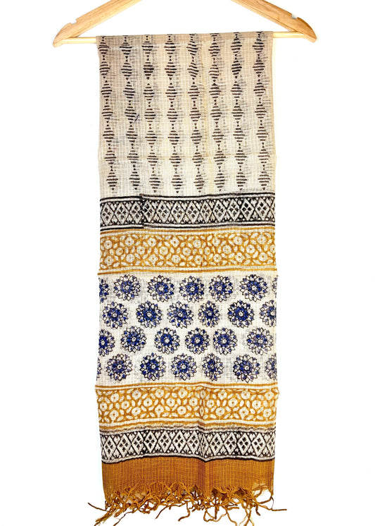 Kota Doria Bagru Handblock Dupatta ~ Beige w/ indigo flowers & zari