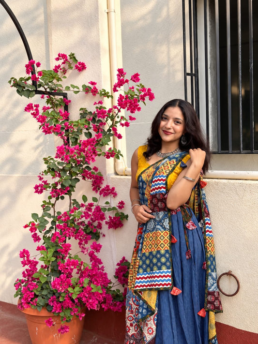 ✨Navrang ~ Ajrakh Long Skirt & Dupatta Set ~ Navy Blue w/ Multicolored Dupatta