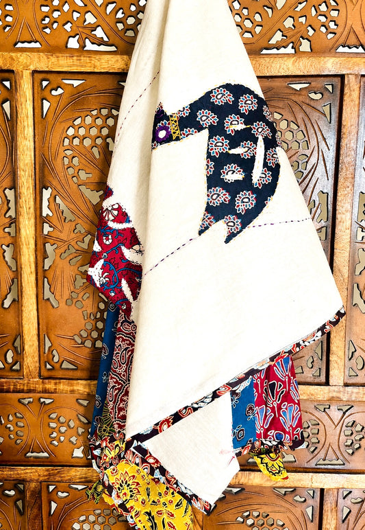Ajrakh Applique & Kantha Embroidered ~ Mor Angan Dupatta - Black