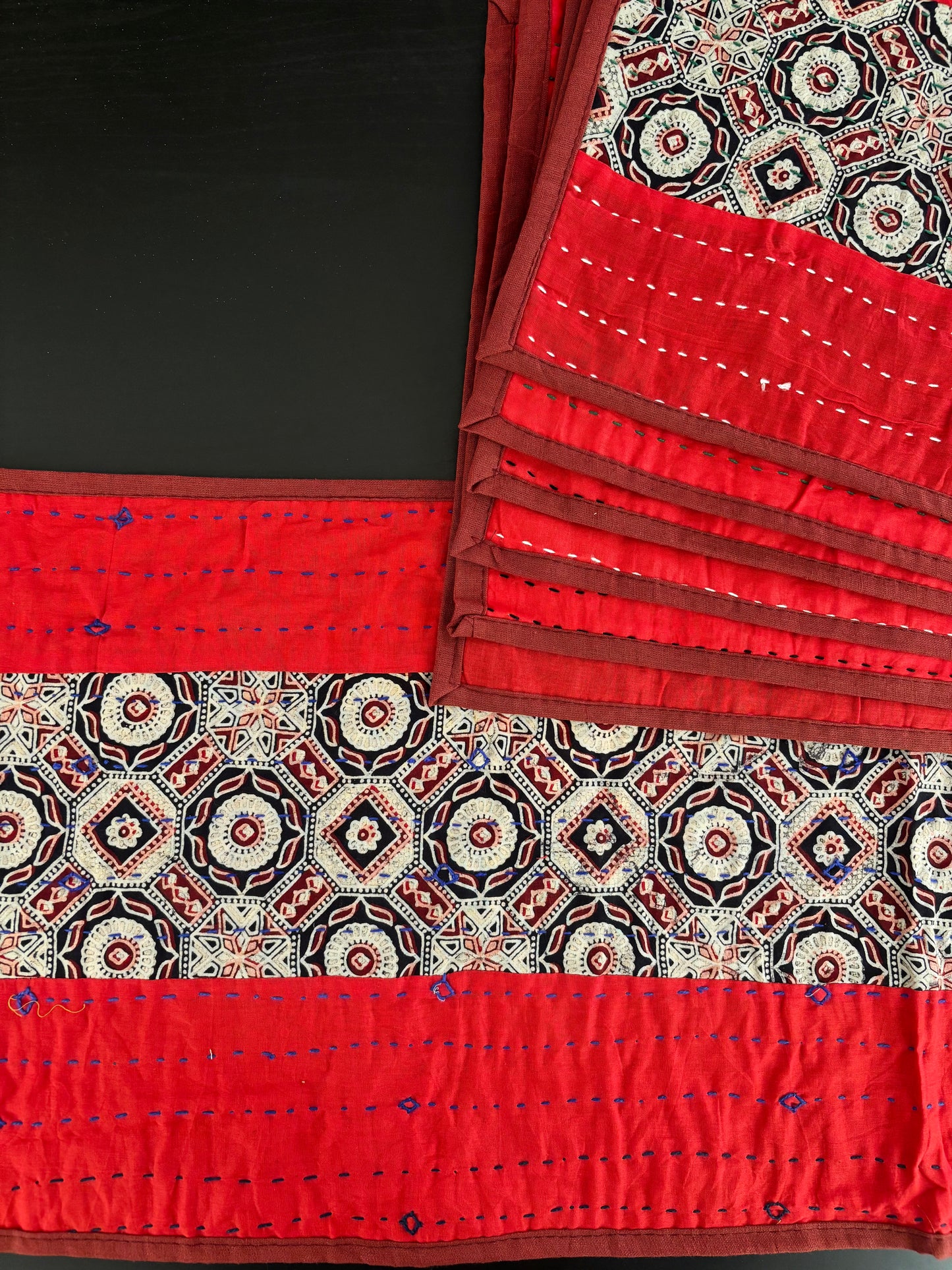 Brick Red ~ Ajrakh & Kantha Table Runner w/ Mats