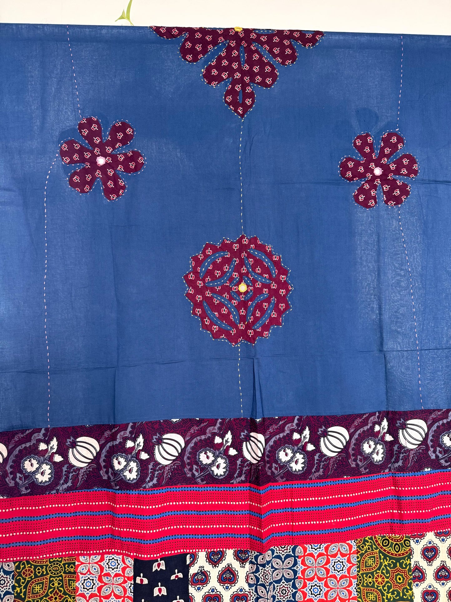 Ajrakh Applique & Kantha Embroidered Dupatta ~ Navy Blue with Burgundy Flowers