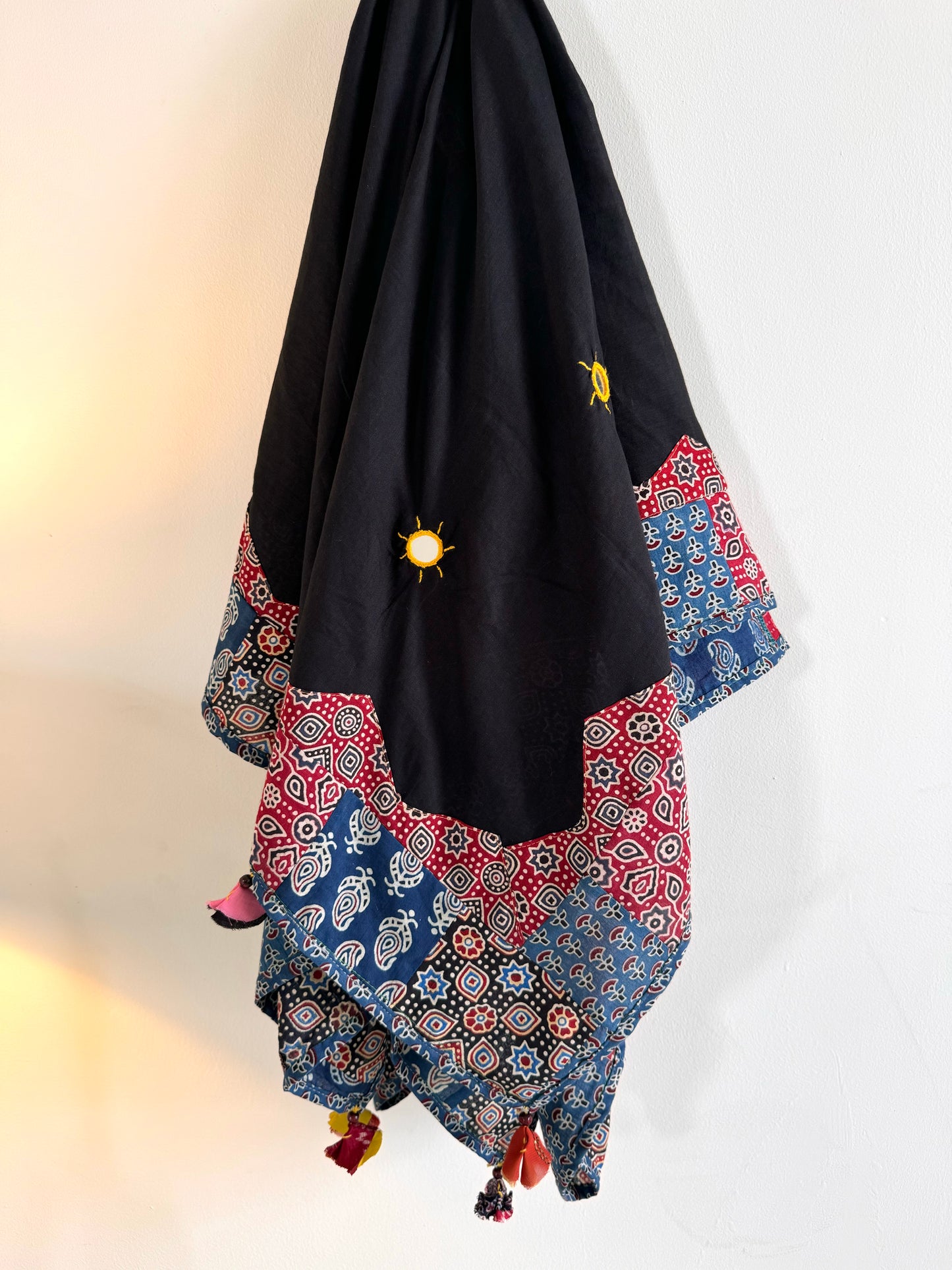 Ajrakh Applique & Kantha Embroidered Dupatta ~ Raven Black & Red