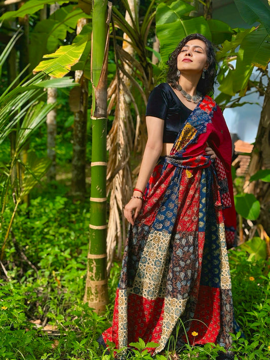 ✨Navrang ~ Ajrakh Skirt and Dupatta Set ~ Deep Red w/ Multicolor