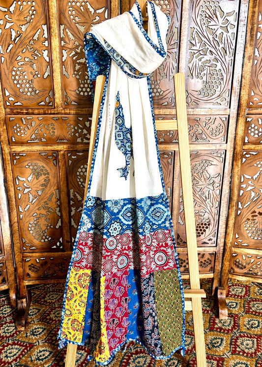 Ajrakh Applique & Kantha Embroidered ~ Mor Angan Dupatta - Navy Blue