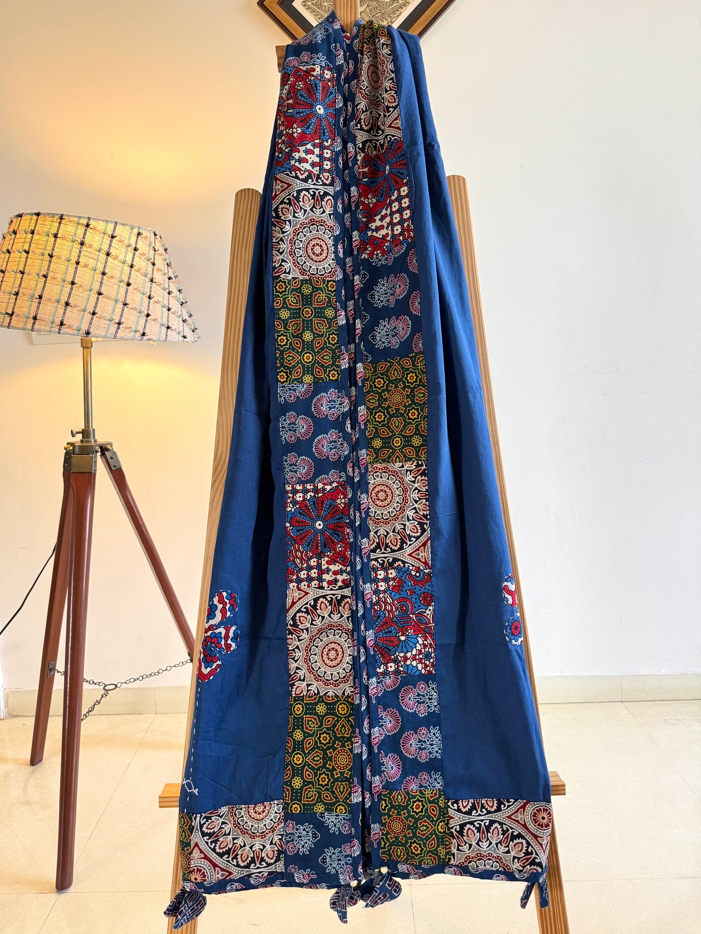 Ajrakh Applique & Kantha Embroidered Dupatta ~ Navy Blue with Multicolor Flowers