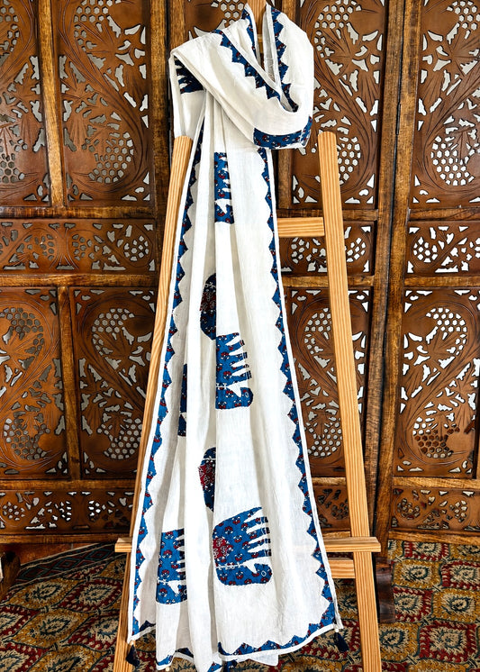 Ajrakh Applique & Kantha Embroidered ~ Blue Hastika Dupatta